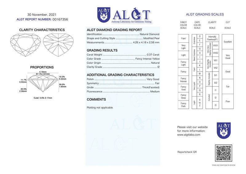 Modified Pear Fancy Intense Yellow Color Diamond 0.37 Carat - ALGT Certified