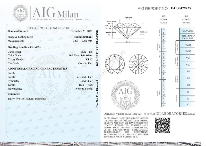 Round O-P, Very Light Yellow Color Diamond 2.32 Carat - AIG Certified