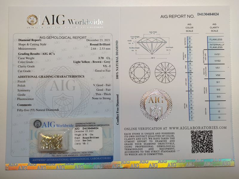 Round Light Yellow - Brown - Grey Color Diamond 3.70 Carat - AIG Certified