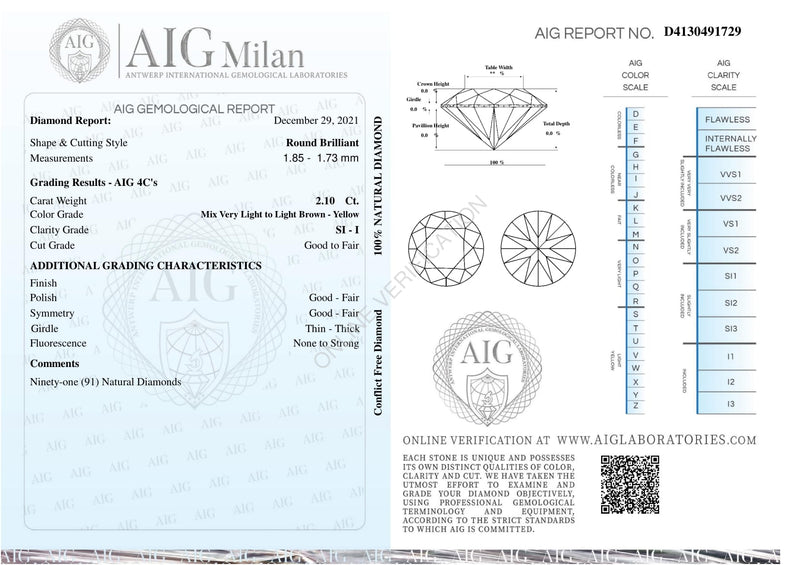Round Mix Very Light to Light Brown - Yellow Color Diamond 2.10 Carat - AIG Certified