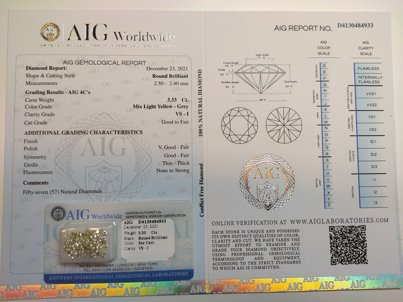 Round Mix Light Yellow - Grey Color Diamond 3.33 Carat - AIG Certified